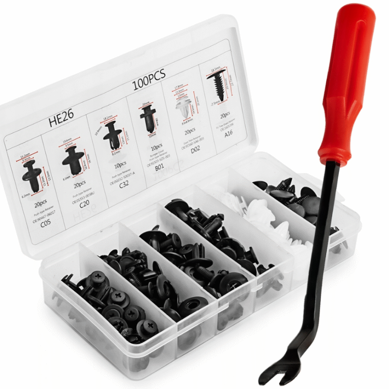 UNIWERSALNY ZESTAW SPINEK SAMOCHODOWYCH 100 SZT. + ściągacz