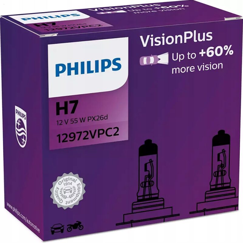 ŻARÓWKI PHILIPS H7 VISION PLUS +60% 12V 55W 2 szt. PH 12972VPC2